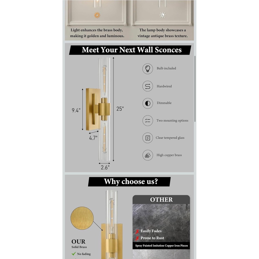 Champagne Brass Wall Sconces (2) Clear Glass Tube Vanity Lights Bathroom Hallway - Picture 10 of 16